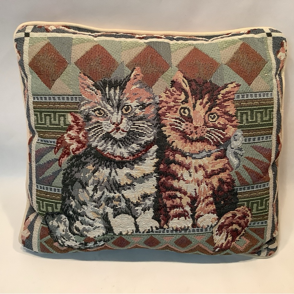 Cat Kitten Pillow Geometric Background Cross Stitch Teal Tan Peach 12" x 11.5"